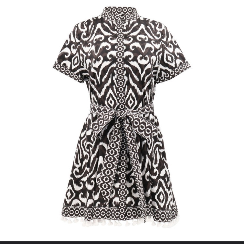NWT Alice + Olivia Lucy Roll Mini Shirt Dress- Artisan Ikat Black